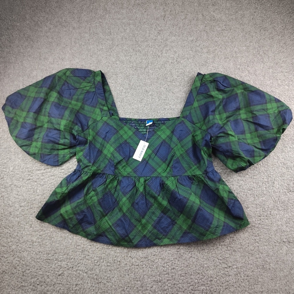 Old Navy Tartan Plaid Puff Sleeve Peplum Top Blouse Womens Large Cropped NWT